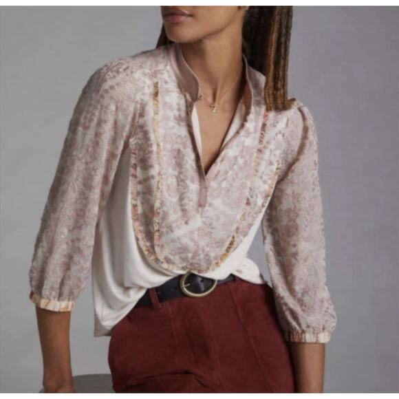 Tiny by Anthropologie Cream & Pink High Neck Lace Front Blouse Size Medium - Picture 1 of 7